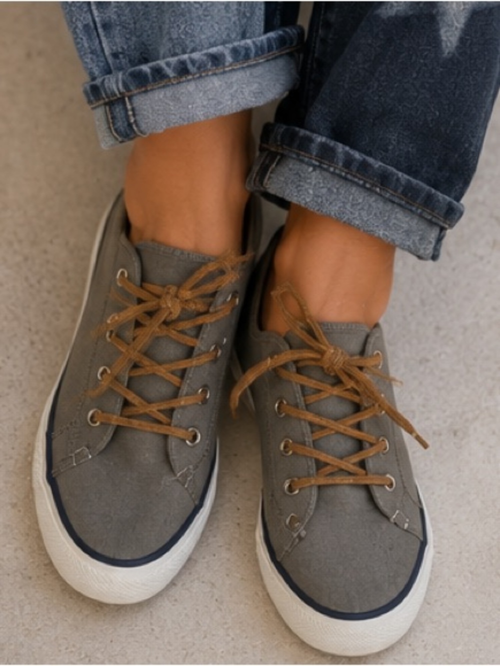 Sperry Top Siders loafer shoes Canvas Leather laces Gray white tan Size 8.5